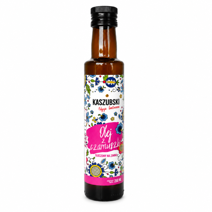 Oleje Kaszubskie olej z czarnuszki tłoczony na zimno 250 ml to naturalny, wysokiej jakości olej roślinny o intensywnym smaku i bogatych właściwościach odżywczych. Pozyskiwany w procesie tłoczenia na zimno.