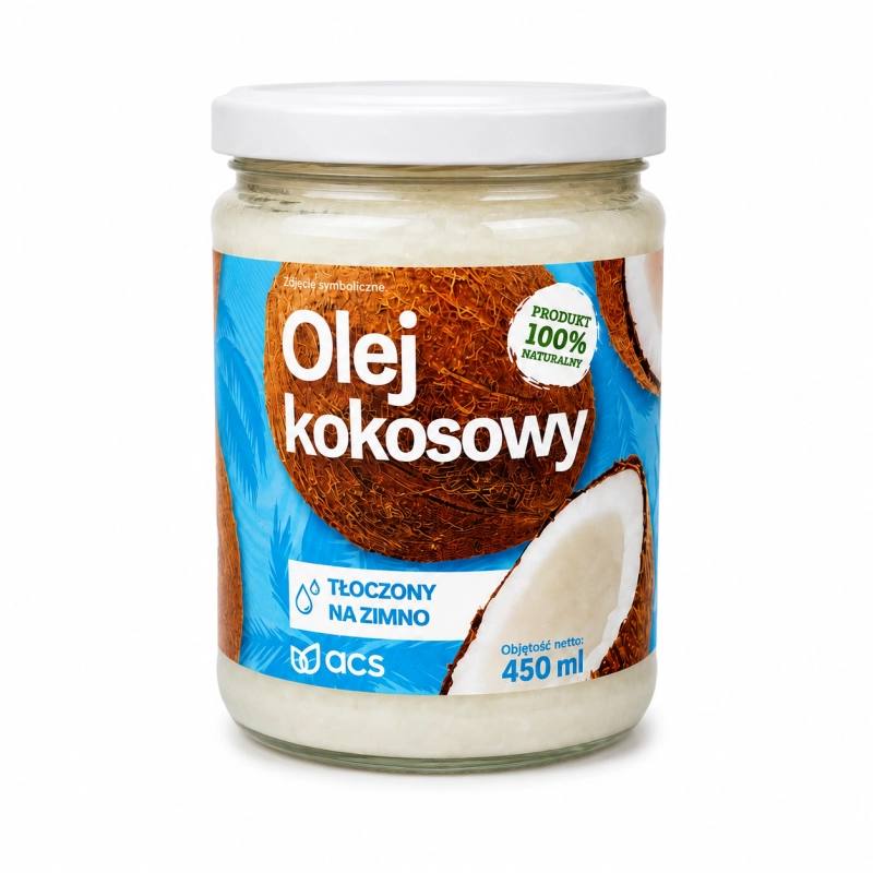 Olej kokosowy 450 ml to naturalny, wysokiej jakości olej roślinny otrzymywany z miąższu kokosa. Produkt charakteryzuje się czystym składem oraz wszechstronnym zastosowaniem w kuchni i codziennej diecie.