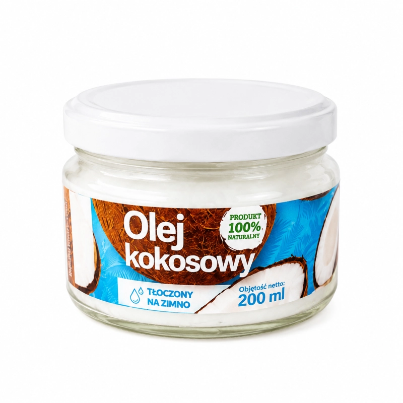 Olej kokosowy 200 ml to naturalny, wysokiej jakości olej roślinny otrzymywany z miąższu kokosa. Produkt charakteryzuje się czystym składem oraz szerokim zastosowaniem w kuchni i codziennej diecie.