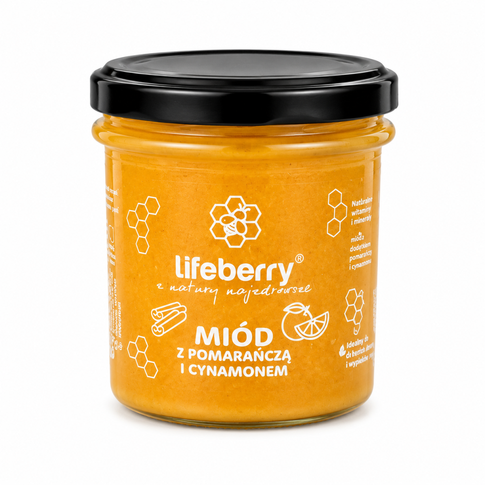 Lifeberry miód z pomarańczą i cynamonem to naturalny produkt premium o wyjątkowym, słodko-owocowym smaku z delikatną korzenną nutą cynamonu. Tworzy unikalną kompozycję idealną do codziennego spożycia.