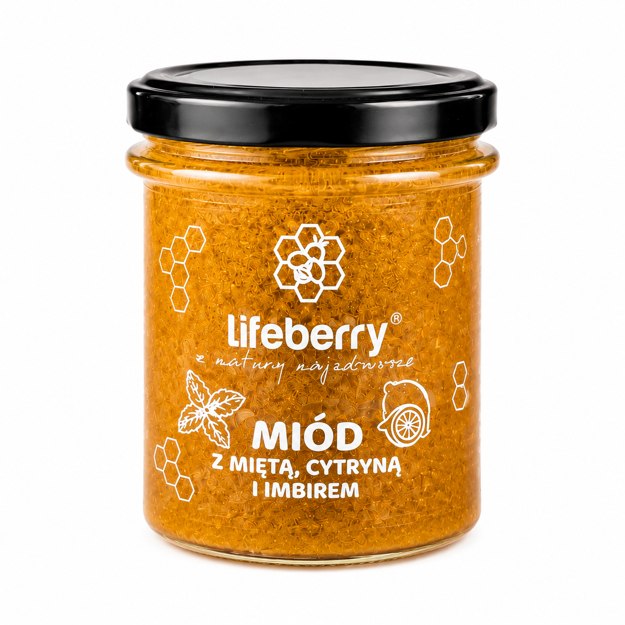 Lifeberry miód z miętą, cytryną i imbirem to wysokiej jakości naturalny produkt łączący słodycz miodu z orzeźwiającą nutą mięty, cytrusową świeżością cytryny oraz delikatną ostrością imbiru.  kompozycja smakowa stworzona z naturalnych składników.