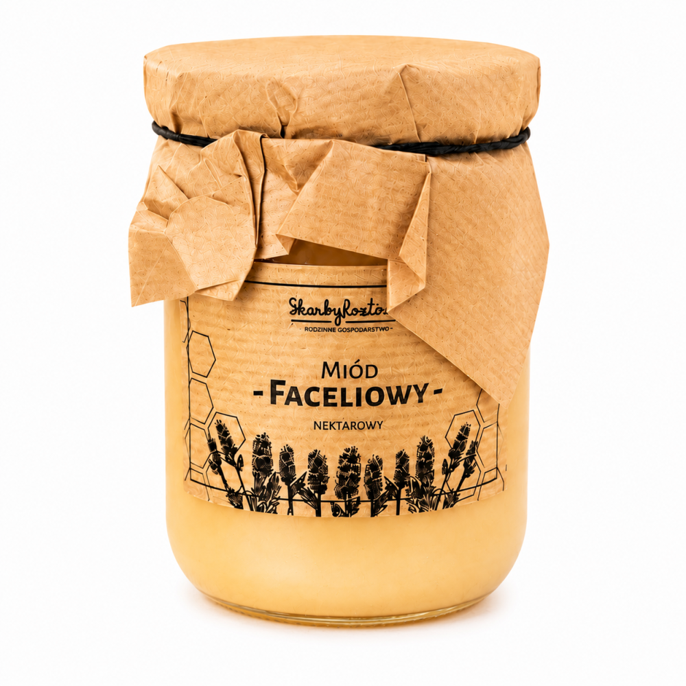 Skarby Roztocza miód faceliowy nektarowy to naturalny produkt pszczelarski pozyskiwany z nektaru facelii. Charakteryzuje się jasną barwą, delikatnym, kwiatowym smakiem oraz subtelnym aromatem, który wyróżnia go spośród innych miodów