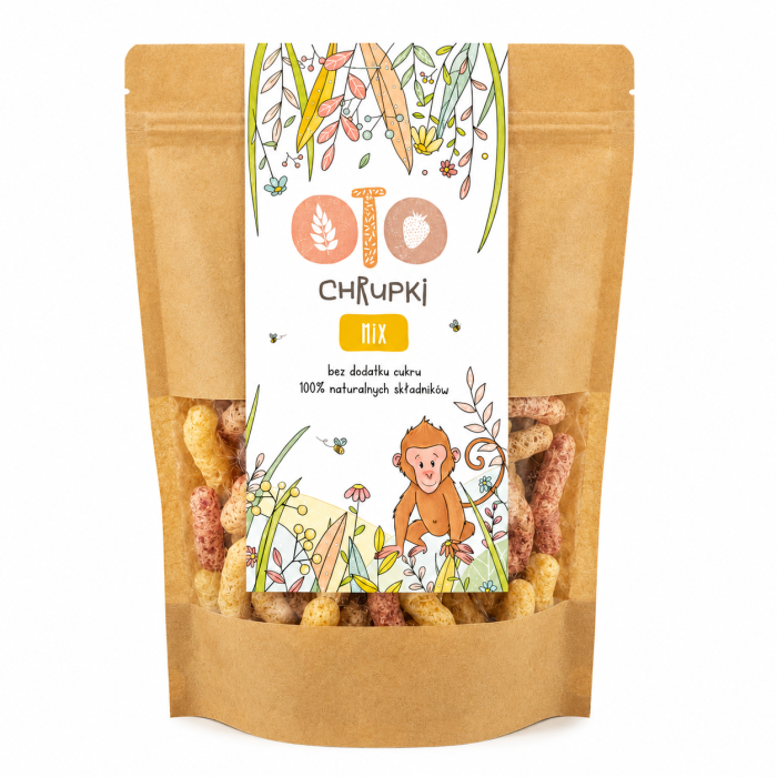 OTO Chrupki MIX to lekkie, naturalne chrupki stworzone z myślą o zdrowej przekąsce dla całej rodziny. Produkt nie zawiera dodatku cukru ani sztucznych składników, a jego receptura opiera się wyłącznie na 100% naturalnych surowcach.