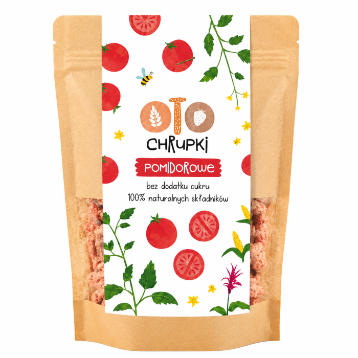 Oto Chrupki Pomidorowe to lekkie, chrupiące przekąski stworzone ze 100% naturalnych składników. Bez dodatku cukru, idealne jako zdrowa alternatywa dla klasycznych snacków.
