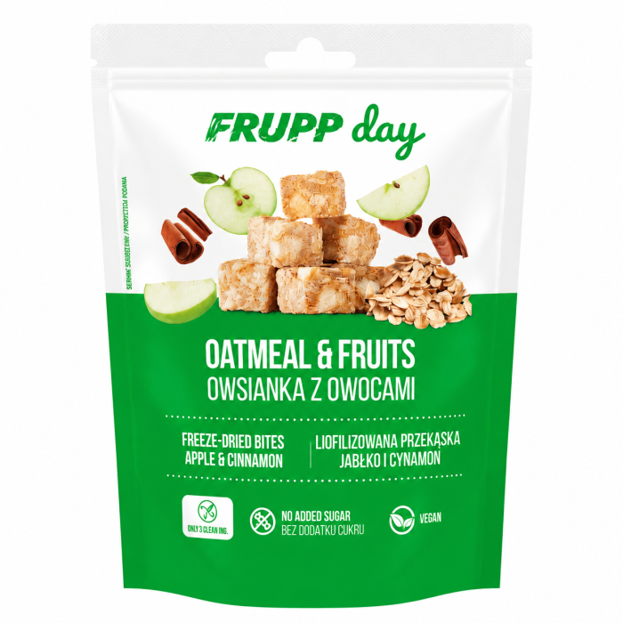 FRUPP Day Oatmeal &amp; Fruits to naturalna, liofilizowana przekąska na bazie owsianki z owocami, jabłkiem i cynamonem. Produkt bez dodatku cukru, w 100% z naturalnych składników, odpowiedni dla wegan.