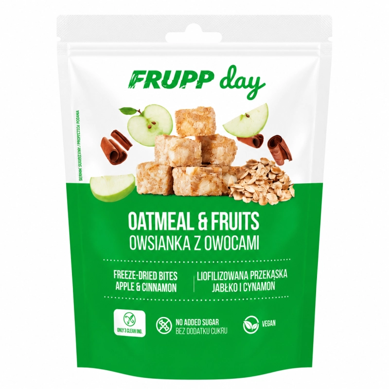 FRUPP Day Oatmeal &amp; Fruits to naturalna, liofilizowana przekąska na bazie owsianki z owocami, jabłkiem i cynamonem. Produkt bez dodatku cukru, w 100% z naturalnych składników, odpowiedni dla wegan.