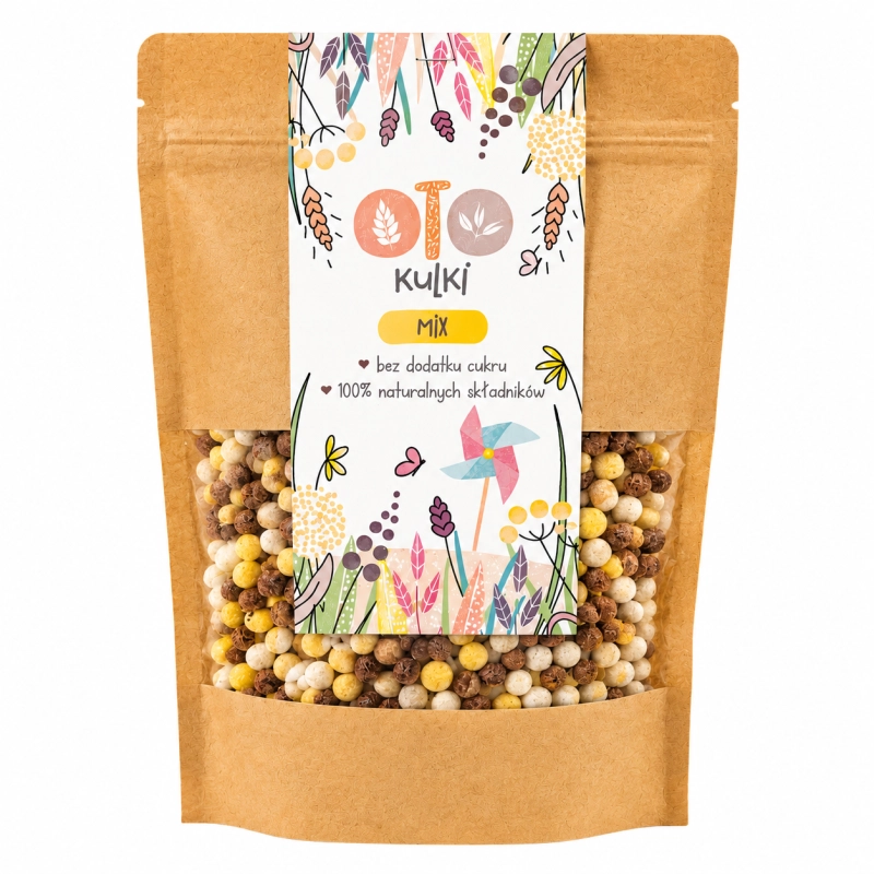 Oto Kulki Mix to lekkie, chrupiące kulki zbożowe stworzone z myślą o zdrowej diecie. Produkt nie zawiera dodatku cukru ani sztucznych składników, dzięki czemu stanowi naturalną i wartościową przekąskę. Idealne jako szybkie śniadanie.