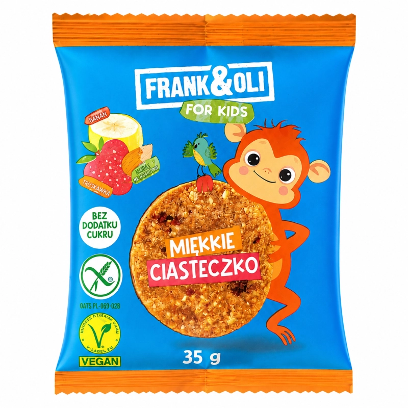 FRANK&amp;OLI For Kids Miękkie Ciasteczko o smaku jabłko i truskawka to zdrowa, naturalna przekąska dla dzieci. Produkt został stworzony bez dodatku cukru i z prostych, roślinnych składników, co czyni go bezpiecznym wyborem na co dzień.