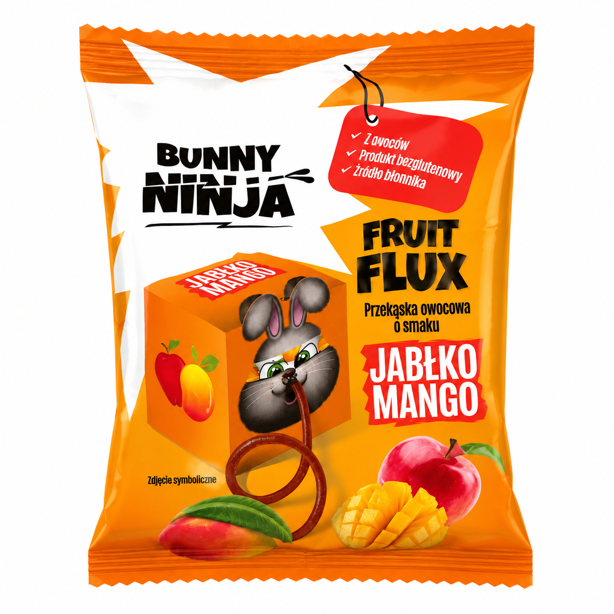 Bunny Ninja Fruit Flux o smaku jabłko–mango to naturalna, owocowa przekąska dla dzieci, stworzona bez dodatku cukru. Produkt bezglutenowy, źródło błonnika, idealny jako zdrowa alternatywa dla słodyczy.