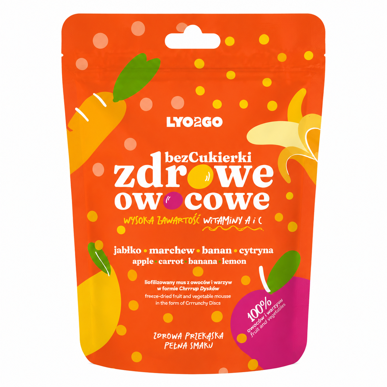 LYO2GO zdrowe owocowe to naturalna, owocowo-warzywna przekąska bez dodatku cukru. Połączenie jabłka, marchwi, banana i cytryny w lekkiej, chrupiącej formie. Produkt zawiera witaminy A i C
