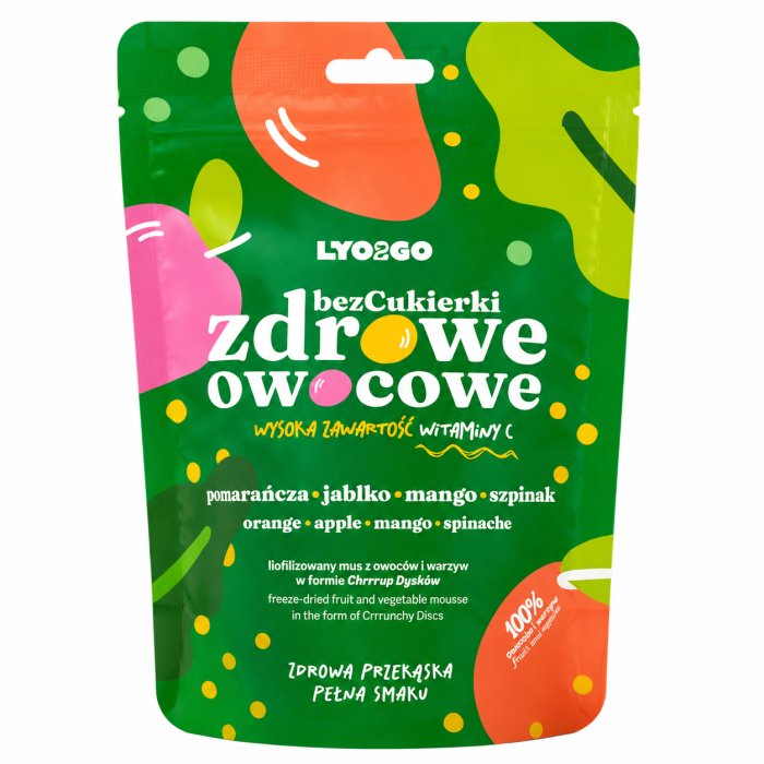 LYO2GO zdrowe owocowe to naturalna przekąska bez dodatku cukru, stworzona z owoców i warzyw: pomarańczy, jabłka, mango i szpinaku. Produkt bogaty w witaminę C, idealny jako zdrowa alternatywa dla słodyczy