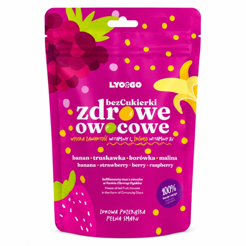 LYO2GO Zdrowe Owocowe to liofilizowana przekąska stworzona z owoców i warzyw bez dodatku cukru. Produkt łączy naturalny smak jabłka, mango, banana, cytryny i marchewki, zachowując wysoką zawartość witamin A i C.