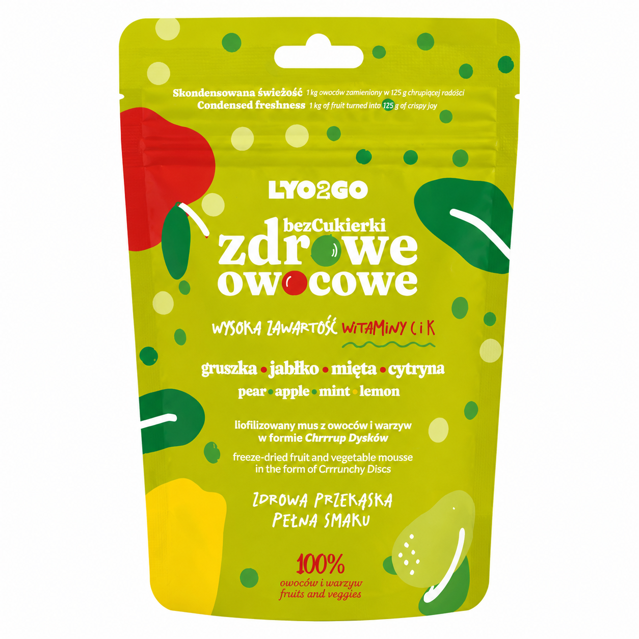 LYO2GO Zdrowe Owocowe to innowacyjna, liofilizowana przekąska stworzona z owoców i warzyw bez dodatku cukru. Produkt łączy naturalny smak jabłka, pomarańczy, mango i szpinaku, dostarczając wysokiej zawartości witamin A i C.