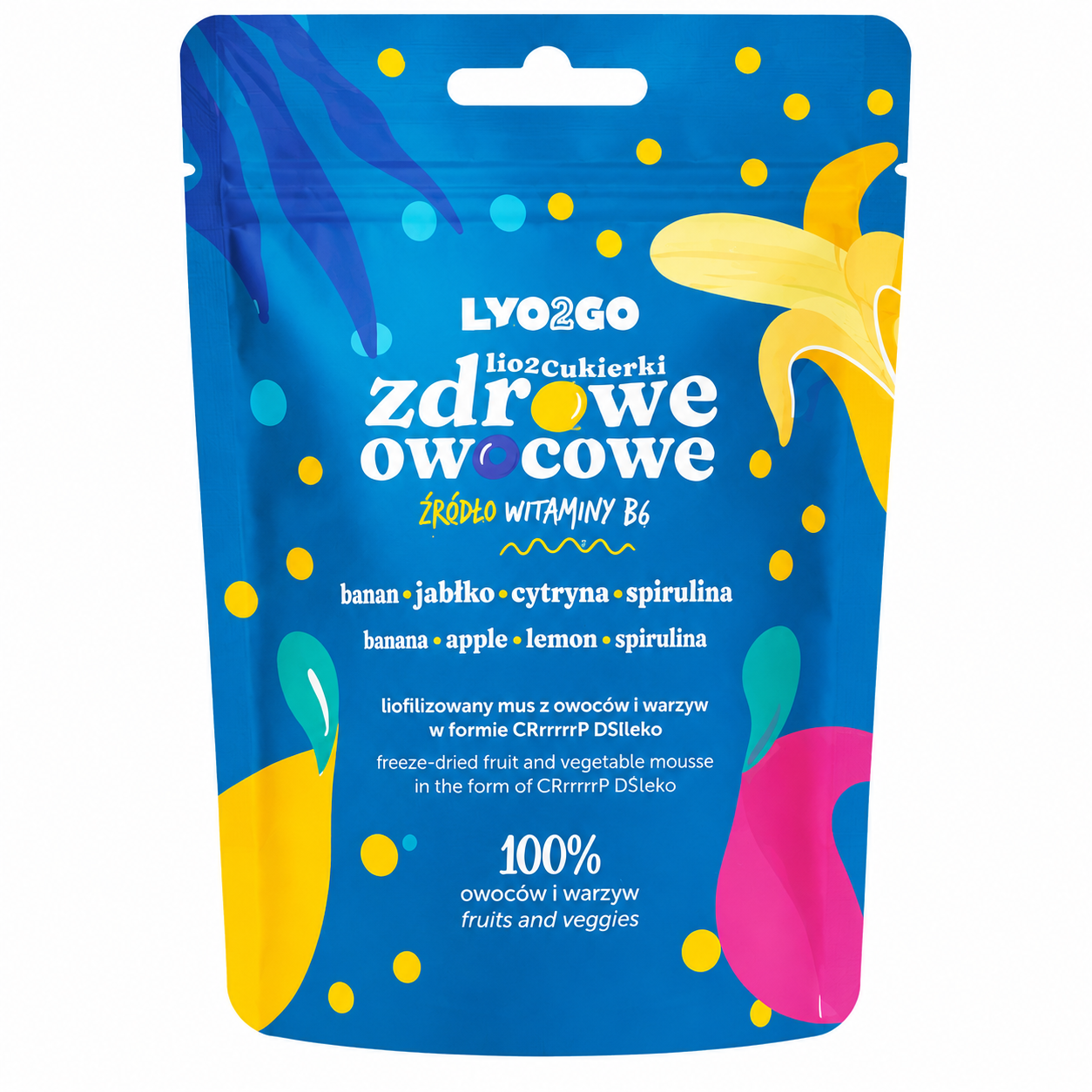 LYO2GO Zdrowe Owocowe to liofilizowana przekąska stworzona z naturalnych owoców i warzyw bez dodatku cukru. Wariant z bananem, jabłkiem, cytryną i spiruliną dostarcza cennych witamin, w tym B6, wspierając zdrowy styl życia.