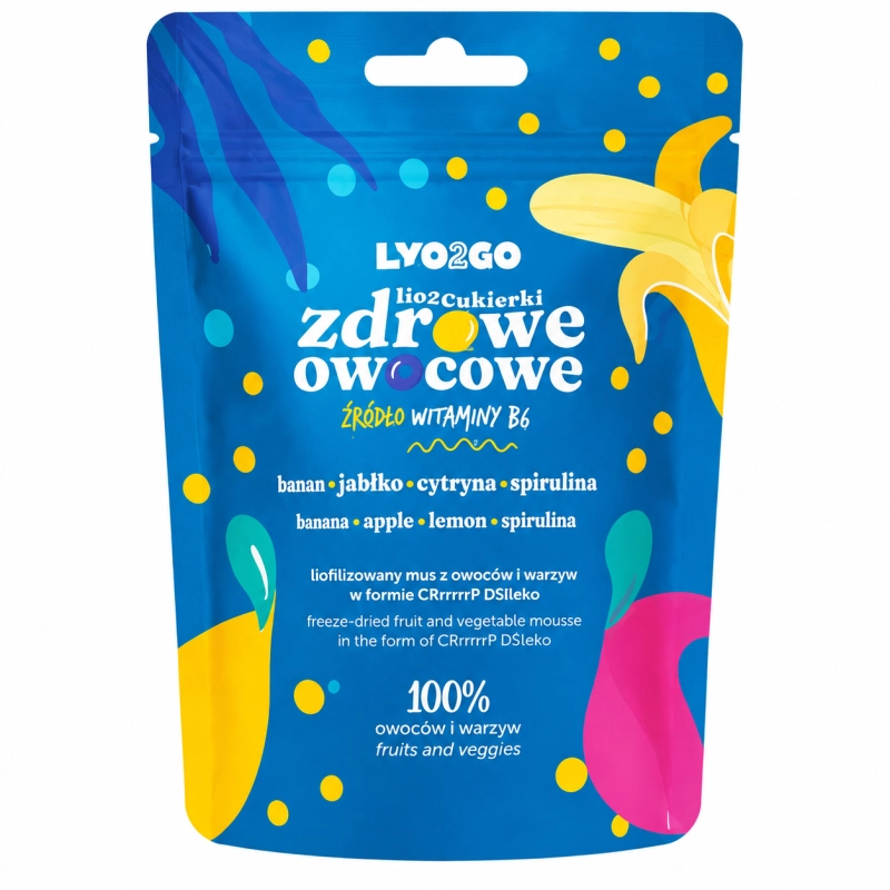 LYO2GO Zdrowe Owocowe to liofilizowana przekąska stworzona z naturalnych owoców i warzyw bez dodatku cukru. Wariant z bananem, jabłkiem, cytryną i spiruliną dostarcza cennych witamin, w tym B6, wspierając zdrowy styl życia.