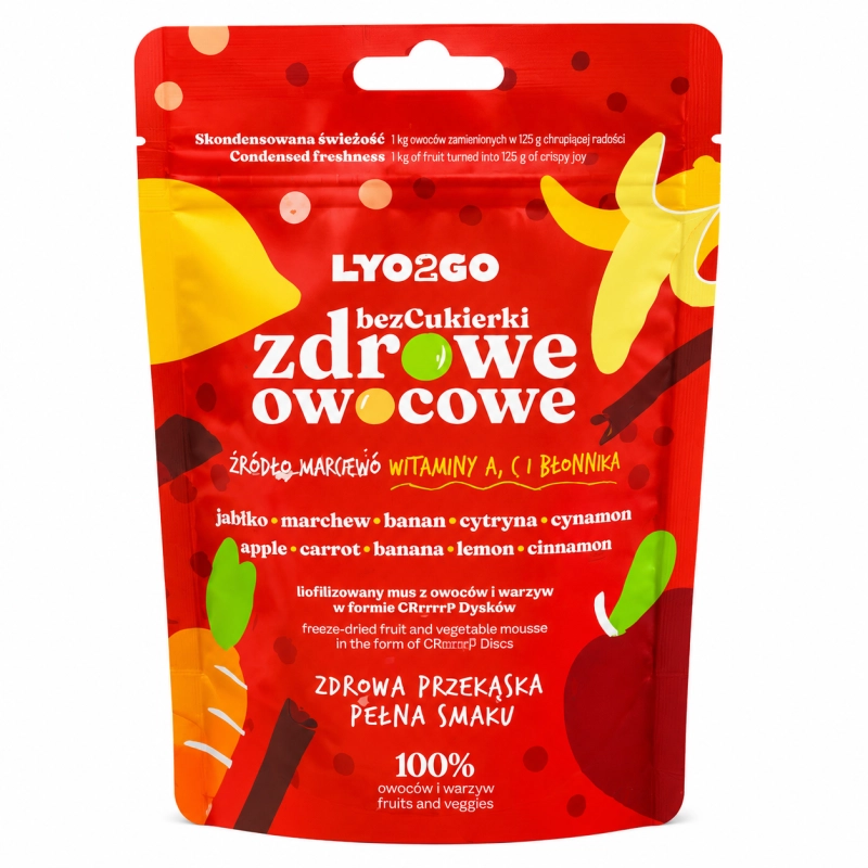 LYO2GO Zdrowe Owocowe to nowoczesna, zdrowa przekąska stworzona z liofilizowanych owoców i warzyw. Produkt bez dodatku cukru, bogaty w witaminy A, C oraz błonnik, idealny dla dzieci i dorosłych.