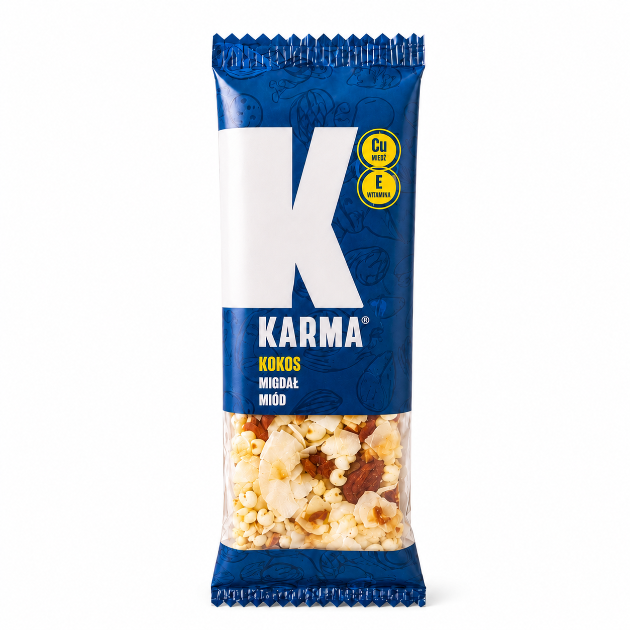 Karma K Kokos Migdał Miód to smaczna, chrupiąca przekąska łącząca delikatny kokos, aromatyczne migdały i naturalną słodycz miodu. Produkt sprawdzi się jako szybka przekąska w ciągu dnia, dodatek do lunchu