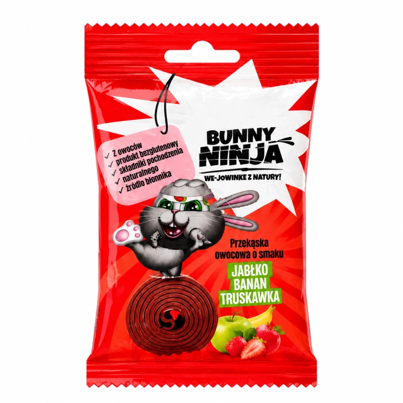 Bunny Ninja to pyszna owocowa przekąska stworzona z naturalnych składników, łącząca smak jabłka, banana i truskawki. Produkt jest bezglutenowy, bez sztucznych dodatków i powstał z owoców pochodzenia naturalnego.