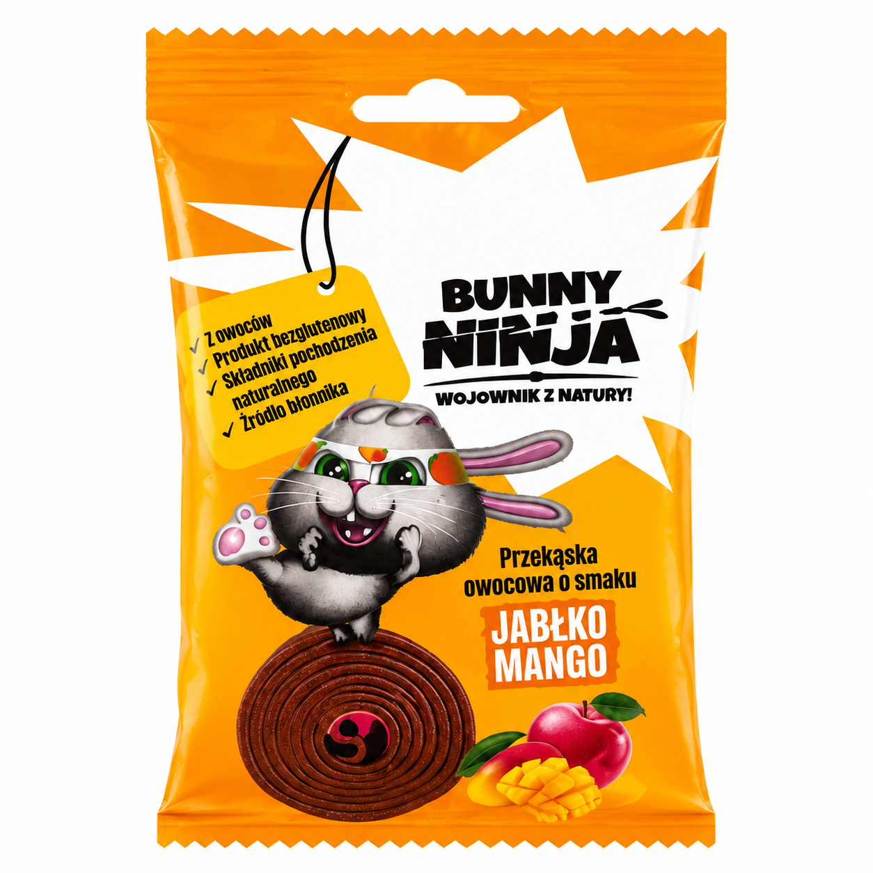 Bunny Ninja Jabłko Mango to owocowa przekąska stworzona z myślą o osobach szukających zdrowszej alternatywy dla słodyczy. Produkt nie zawiera dodatku cukru ani żelatyny, dzięki czemu jest odpowiedni zarówno dla dzieci, jak i dorosłych.