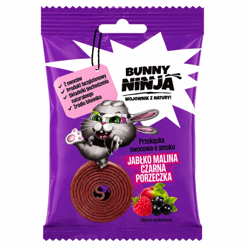 Bunny Ninja Malina Jabłko Czarna Porzeczka to owocowa przekąska stworzona z naturalnych składników, bez dodatku cukru i bez żelatyny. Produkt łączy intensywny smak malin, jabłek i czarnej porzeczki w wygodnej formie żelków.