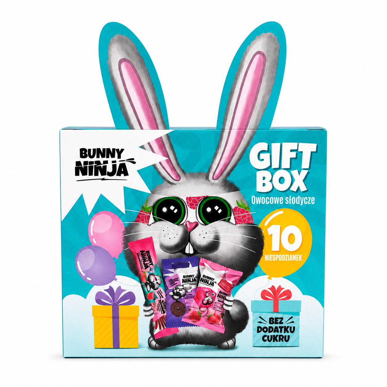 Bunny Ninja Gift Box to wyjątkowy zestaw owocowych słodyczy stworzony z myślą o fanach kolorowych przekąsek. W pudełku znajduje się aż 10 niespodzianek,świetnie sprawdzi się jako prezent, upominek na urodziny lub słodka niespodzianka bez okazji.
