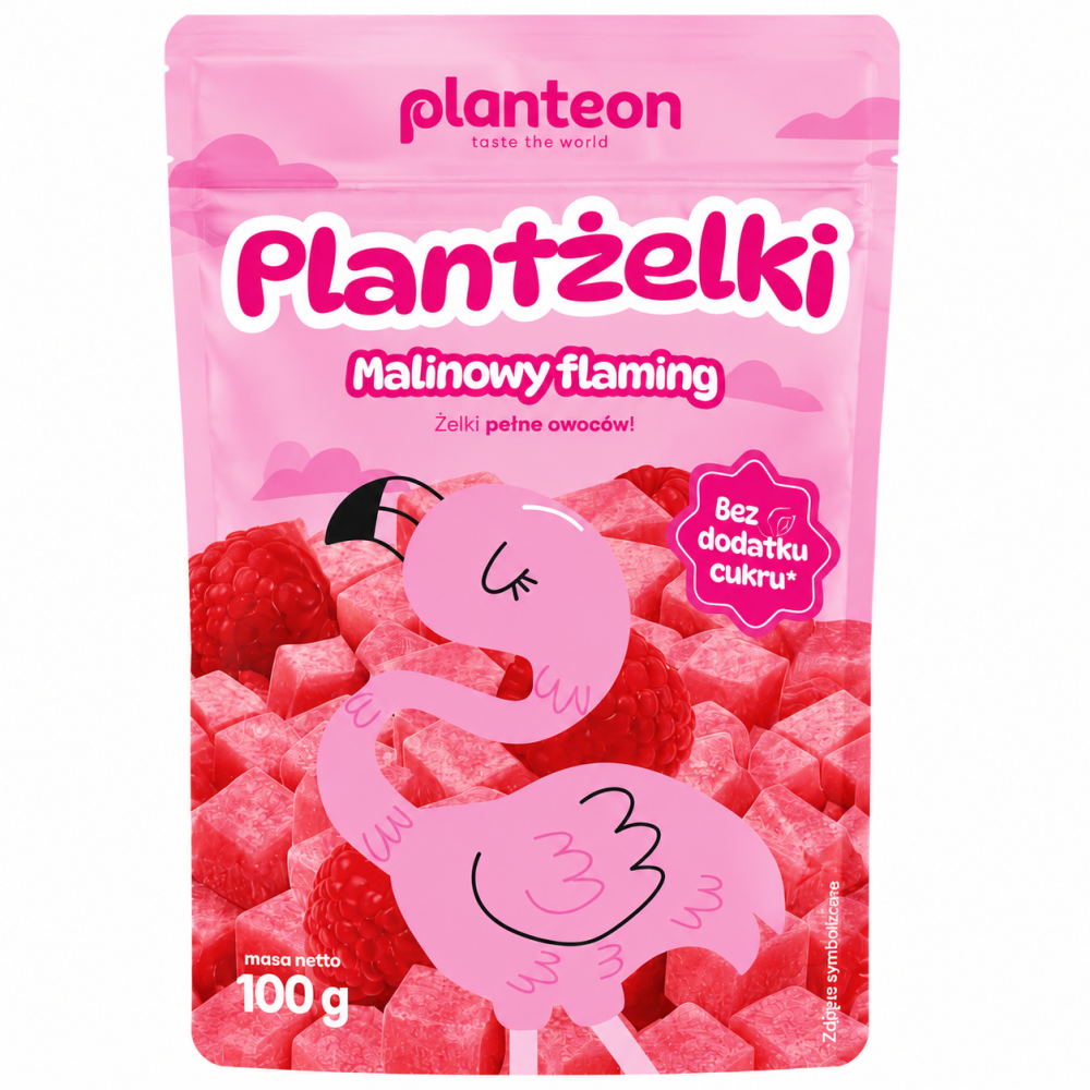 Planteon Plantżelki Malinowy Flaming to owocowa przekąska o intensywnym malinowym smaku, stworzona bez dodatku cukru. Produkt wyróżnia się naturalnym składem, który sprawia, że świetnie sprawdza się jako zdrowa alternatywa dla klasycznych słodyczy.