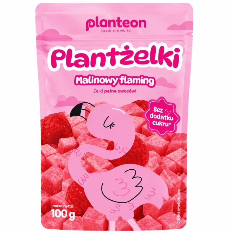 Planteon Plantżelki Malinowy Flaming to owocowa przekąska o intensywnym malinowym smaku, stworzona bez dodatku cukru. Produkt wyróżnia się naturalnym składem, który sprawia, że świetnie sprawdza się jako zdrowa alternatywa dla klasycznych słodyczy.