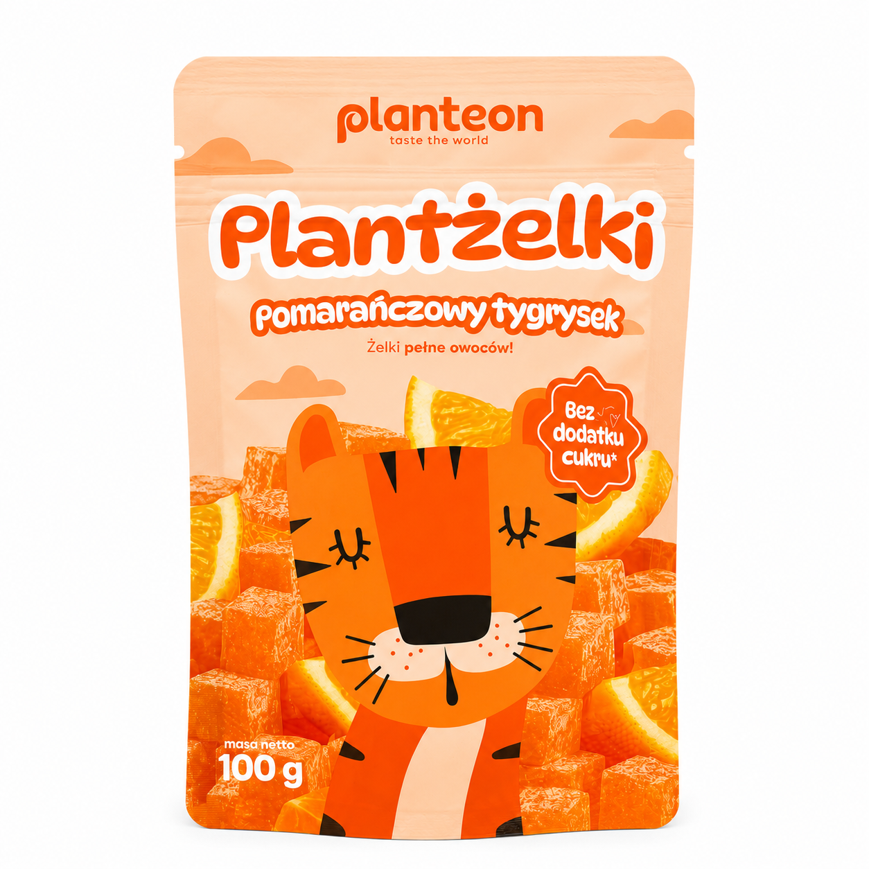 Planteon Plantżelki Pomarańczowy Tygrysek to owocowa przekąska o intensywnym pomarańczowym smaku, stworzona bez dodatku cukru. Produkt wyróżnia się naturalnym charakterem oraz atrakcyjną, przyjazną formą dla dzieci.
