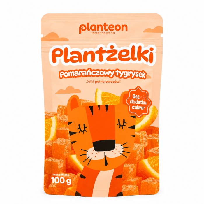 Planteon Plantżelki Pomarańczowy Tygrysek to owocowa przekąska o intensywnym pomarańczowym smaku, stworzona bez dodatku cukru. Produkt wyróżnia się naturalnym charakterem oraz atrakcyjną, przyjazną formą dla dzieci.