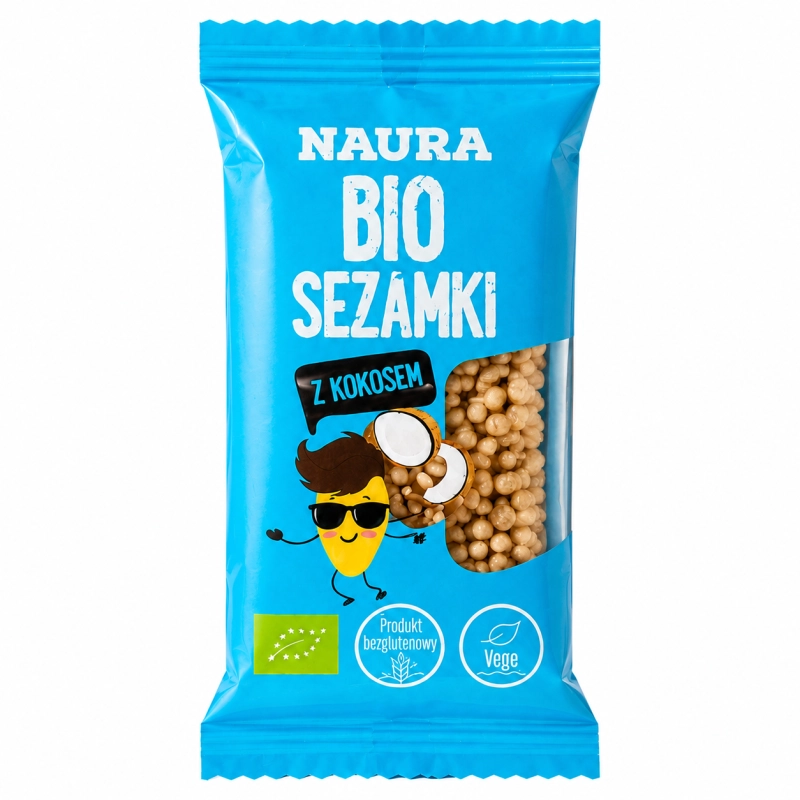 Naura BIO Sezamki z kokosem to naturalna przekąska stworzona z wysokiej jakości składników. Produkt jest bezglutenowy, wegański i idealny dla osób szukających prostych, naturalnych słodyczy bez zbędnych dodatków.