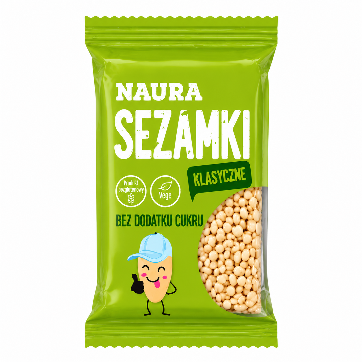 Naura Sezamki Klasyczne to naturalna, chrupiąca przekąska stworzona z wysokiej jakości składników, bez dodatku cukru. Produkt jest wegański oraz bezglutenowy, dzięki czemu stanowi zdrową alternatywę dla tradycyjnych słodyczy.