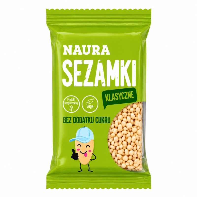 Naura Sezamki Klasyczne to naturalna, chrupiąca przekąska stworzona z wysokiej jakości składników, bez dodatku cukru. Produkt jest wegański oraz bezglutenowy, dzięki czemu stanowi zdrową alternatywę dla tradycyjnych słodyczy.