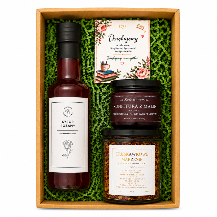 Zestaw prezentowy premium naturalny syrop różany bez konserwantów konfitura malinowa bez dodatku cukru aromatyczna herbata owocowa „Truskawkowe Marzenie”
