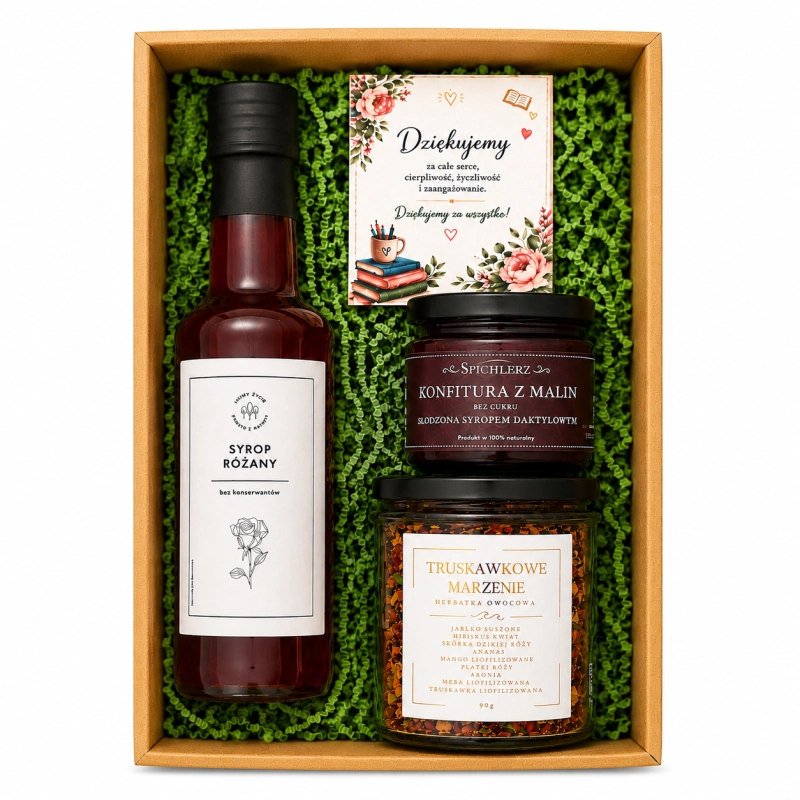 Zestaw prezentowy premium naturalny syrop różany bez konserwantów konfitura malinowa bez dodatku cukru aromatyczna herbata owocowa „Truskawkowe Marzenie”