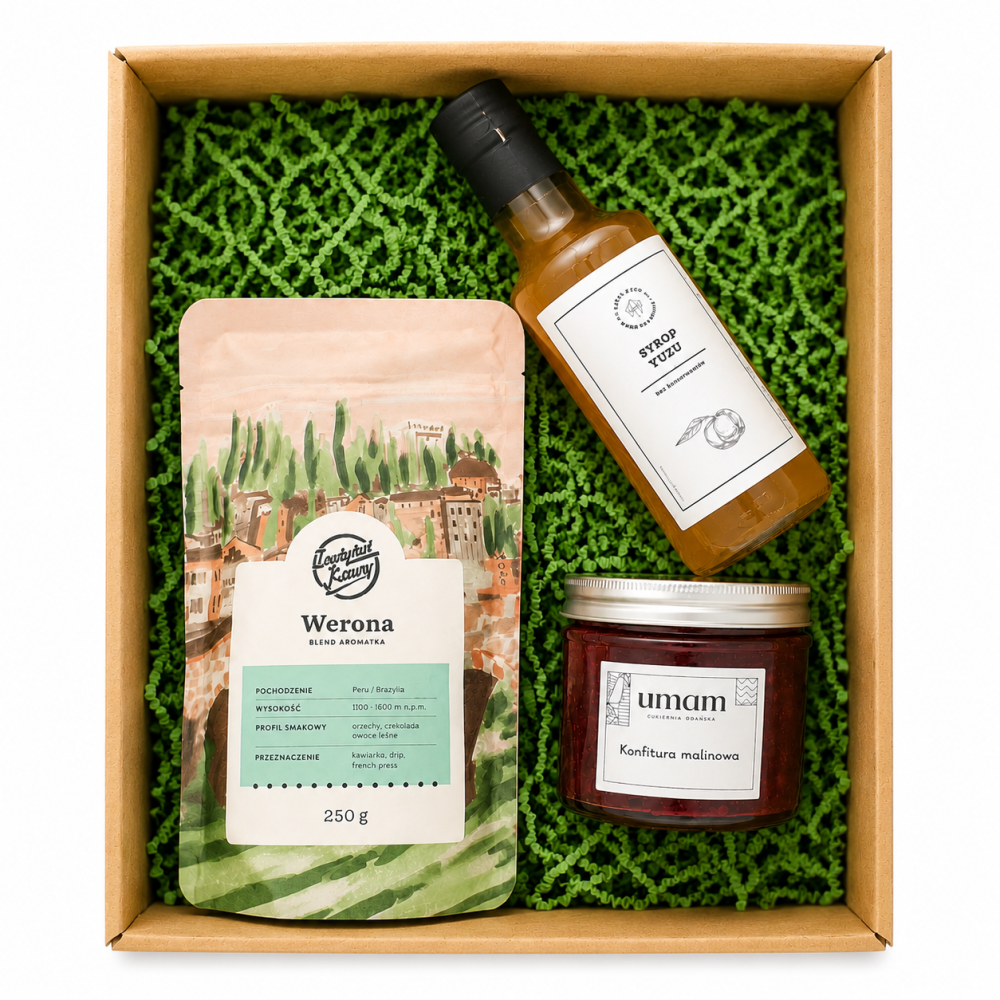 wysokiej jakości kawa ziarnista lub mielona (blend „Werona”) naturalny syrop yuzu konfitura malinowa o intensywnym smaku