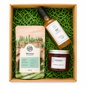 wysokiej jakości kawa ziarnista lub mielona (blend „Werona”) naturalny syrop yuzu konfitura malinowa o intensywnym smaku