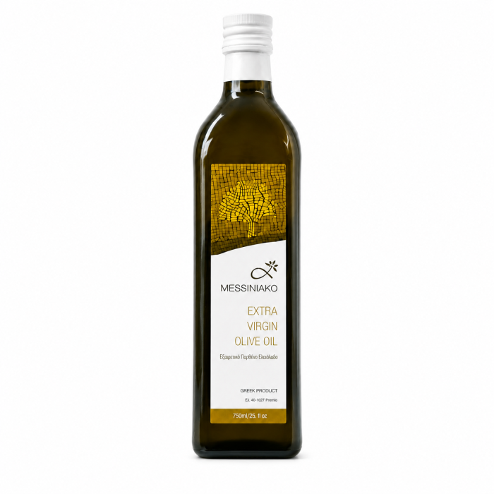 Oliwa z oliwek extra virgin Messiniako 750 ml – wysokiej jakości oliwa grecka tłoczona na zimno. Naturalny smak, idealna do sałatek i kuchni śródziemnomorskiej.