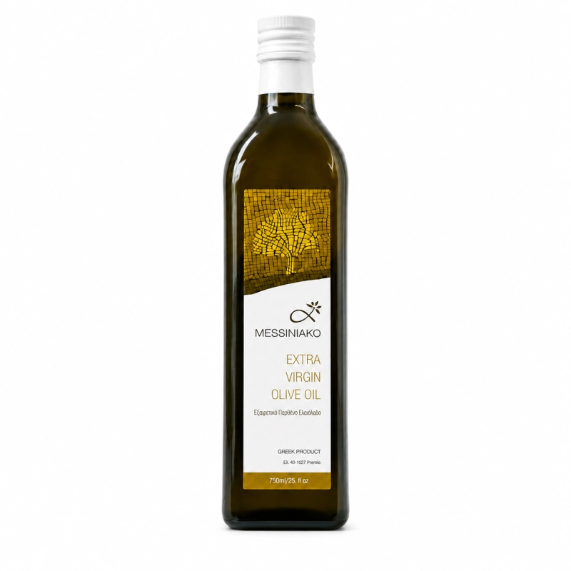Oliwa z oliwek extra virgin Messiniako 750 ml – wysokiej jakości oliwa grecka tłoczona na zimno. Naturalny smak, idealna do sałatek i kuchni śródziemnomorskiej.