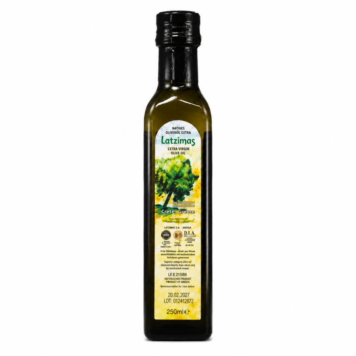 Oliwa z oliwek extra virgin Latzimas 250 ml – grecka oliwa premium tłoczona na zimno z Krety. Naturalna i aromatyczna, idealna do sałatek i dań.