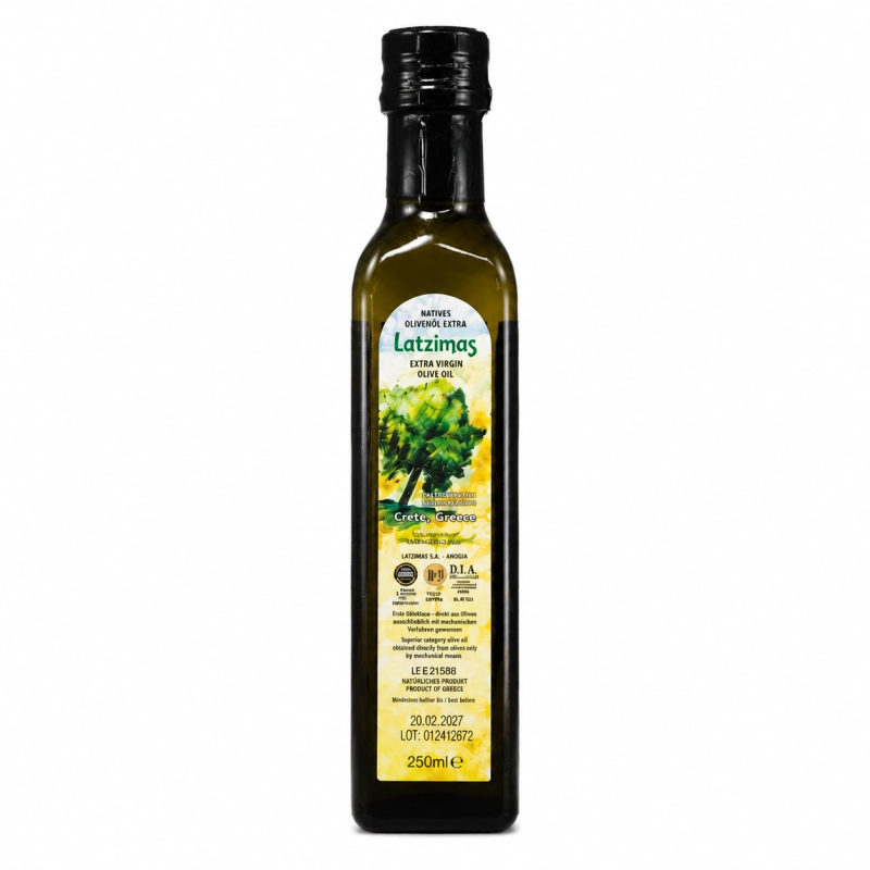 Oliwa z oliwek extra virgin Latzimas 250 ml – grecka oliwa premium tłoczona na zimno z Krety. Naturalna i aromatyczna, idealna do sałatek i dań.