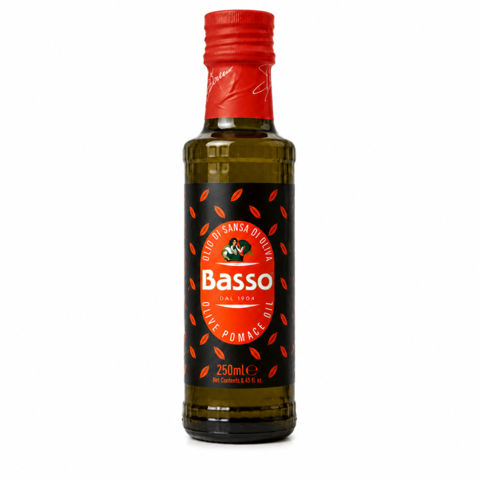 Oliwa z oliwek Basso 250 ml – oliwa pomace o wysokiej stabilności termicznej. Idealna do smażenia, gotowania i codziennego użytku w kuchni.