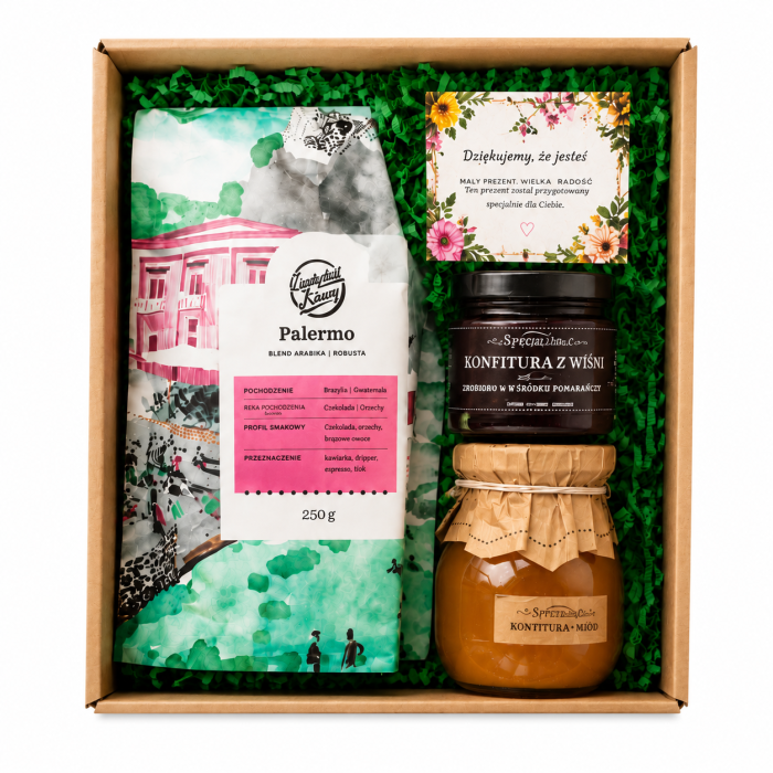 Zestaw prezentowy premium łączący kawę, konfiturę i miód. Elegancki, naturalny upominek idealny na każdą okazję.