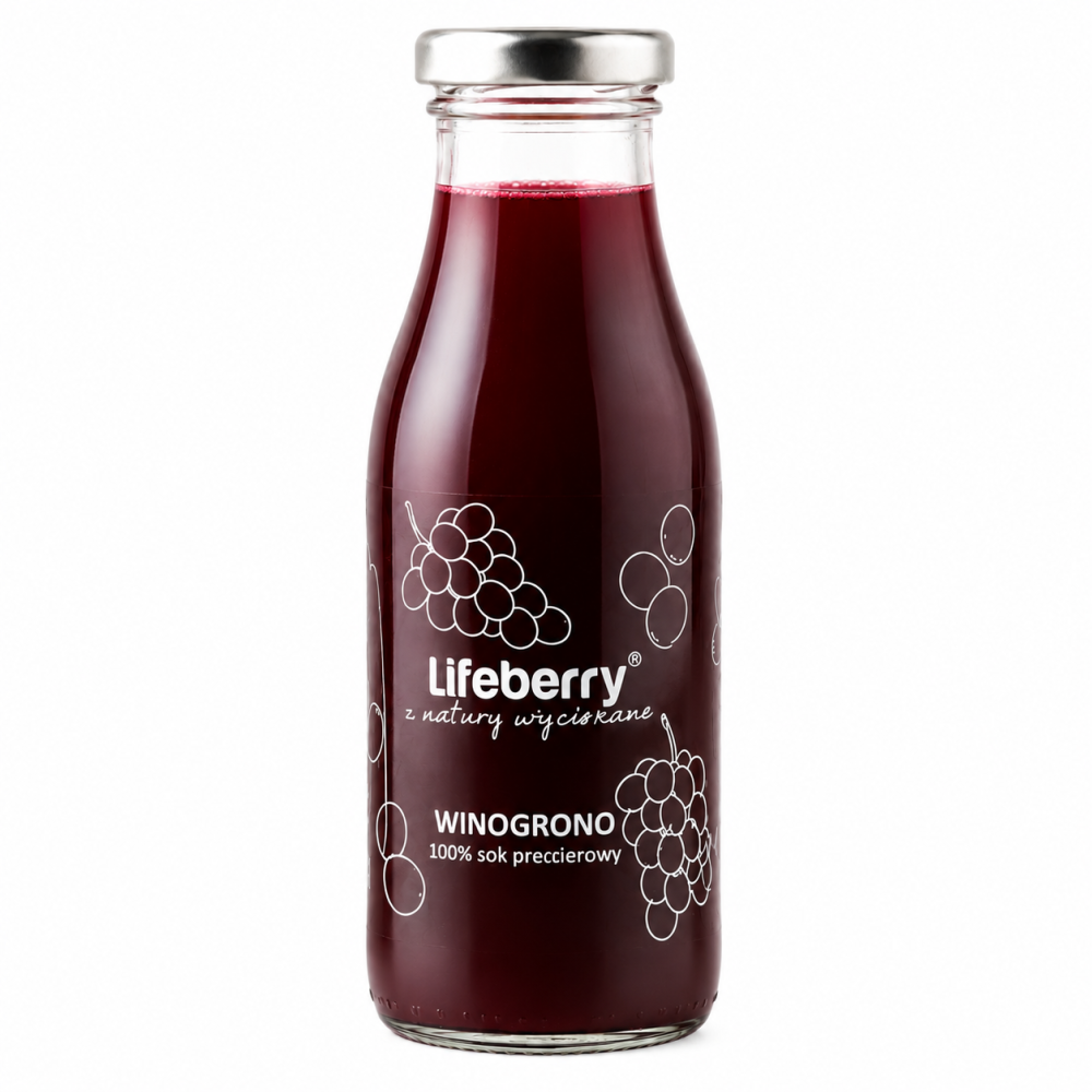 Sok winogronowy Lifeberry 100% to naturalny sok przecierowy o głębokim, owocowym smaku. Idealny do śniadania, deserów i jako zdrowy napój na co dzień.