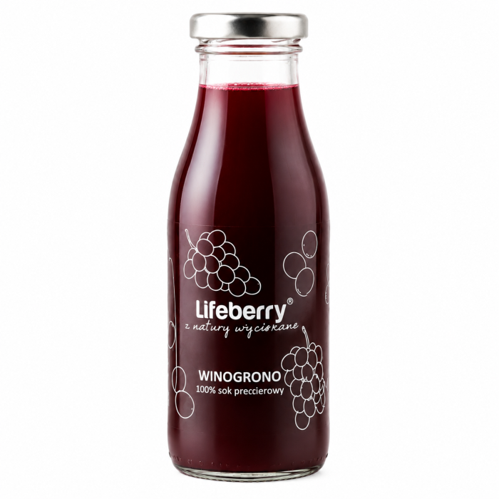 Sok winogronowy Lifeberry 100% to naturalny sok przecierowy o głębokim, owocowym smaku. Idealny do śniadania, deserów i jako zdrowy napój na co dzień.
