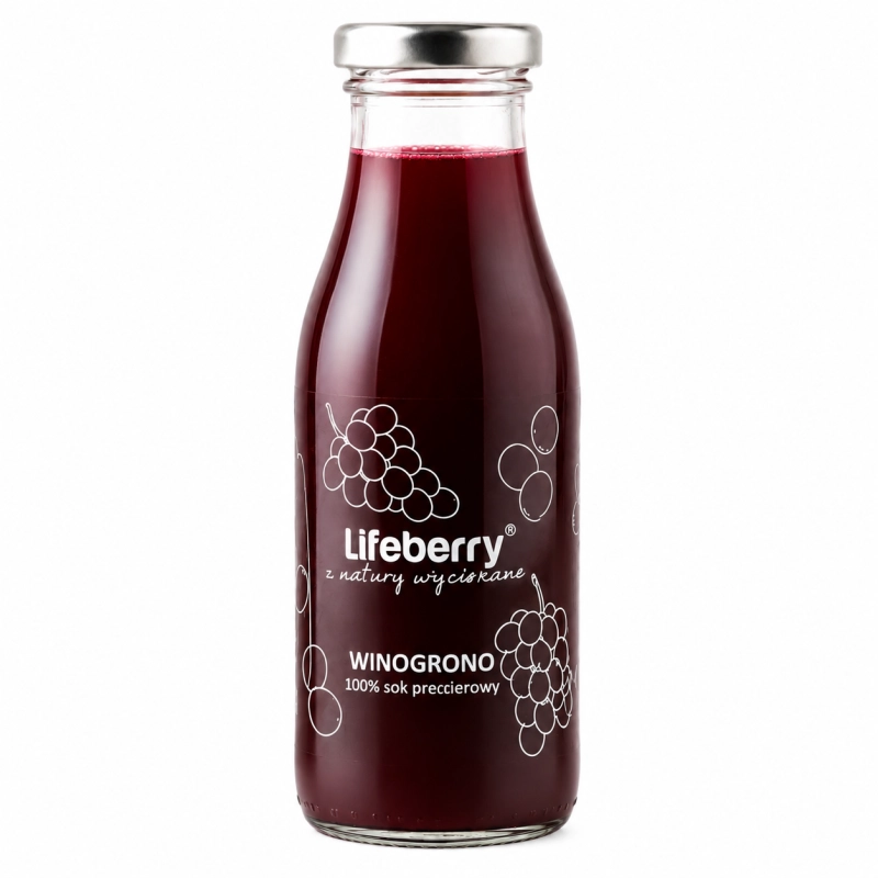 Sok winogronowy Lifeberry 100% to naturalny sok przecierowy o głębokim, owocowym smaku. Idealny do śniadania, deserów i jako zdrowy napój na co dzień.