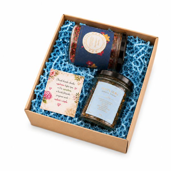 Zestaw prezentowy niebieski z dwiema herbatami: Rześka Malina 70 g oraz Sencha z truskawką 60 g. Elegancki i aromatyczny upominek na każdą okazję.