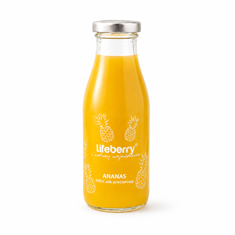 Lifeberry Ananas to 100% sok przecierowy o intensywnym, egzotycznym smaku dojrzałego ananasa. Zamknięty w eleganckiej szklanej butelce, świetnie sprawdzi się jako naturalny napój na co dzień, dodatek do śniadania, deserów lub koktajli.