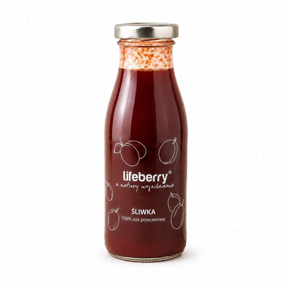 Lifeberry Śliwka to 100% sok przecierowy o głębokim smaku dojrzałych śliwek. Zamknięty w szklanej butelce, sprawdzi się jako naturalny napój na co dzień, do śniadania, deserów. Idealny wybór dla osób ceniących prosty skład i wyrazisty smak owoców.