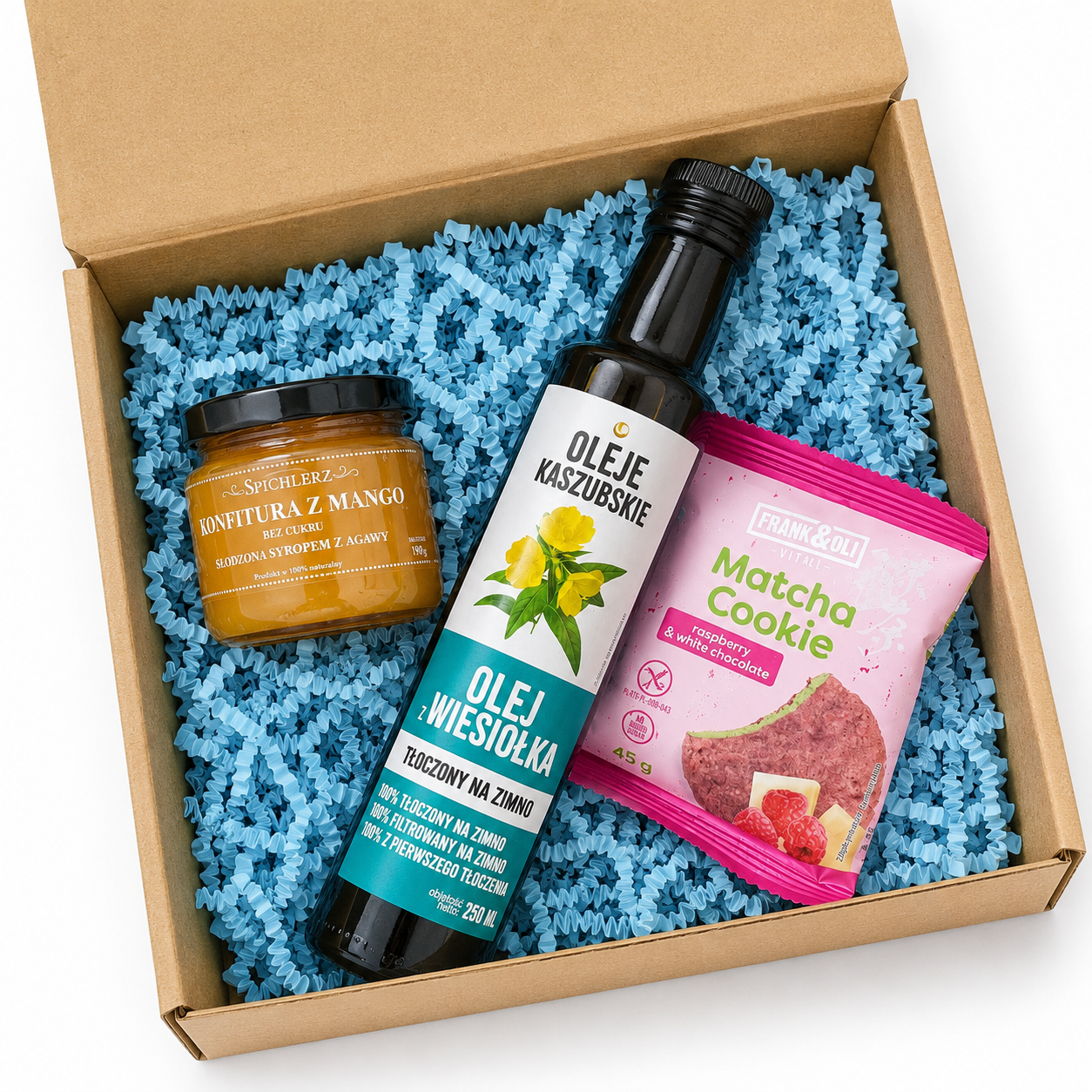 Zestaw prezentowy z olejem z wiesiołka, naturalną konfiturą z mango i ciasteczkiem Matcha Cookie to elegancka propozycja na upominek dla osób ceniących oryginalne smaki i produkty wysokiej jakości.