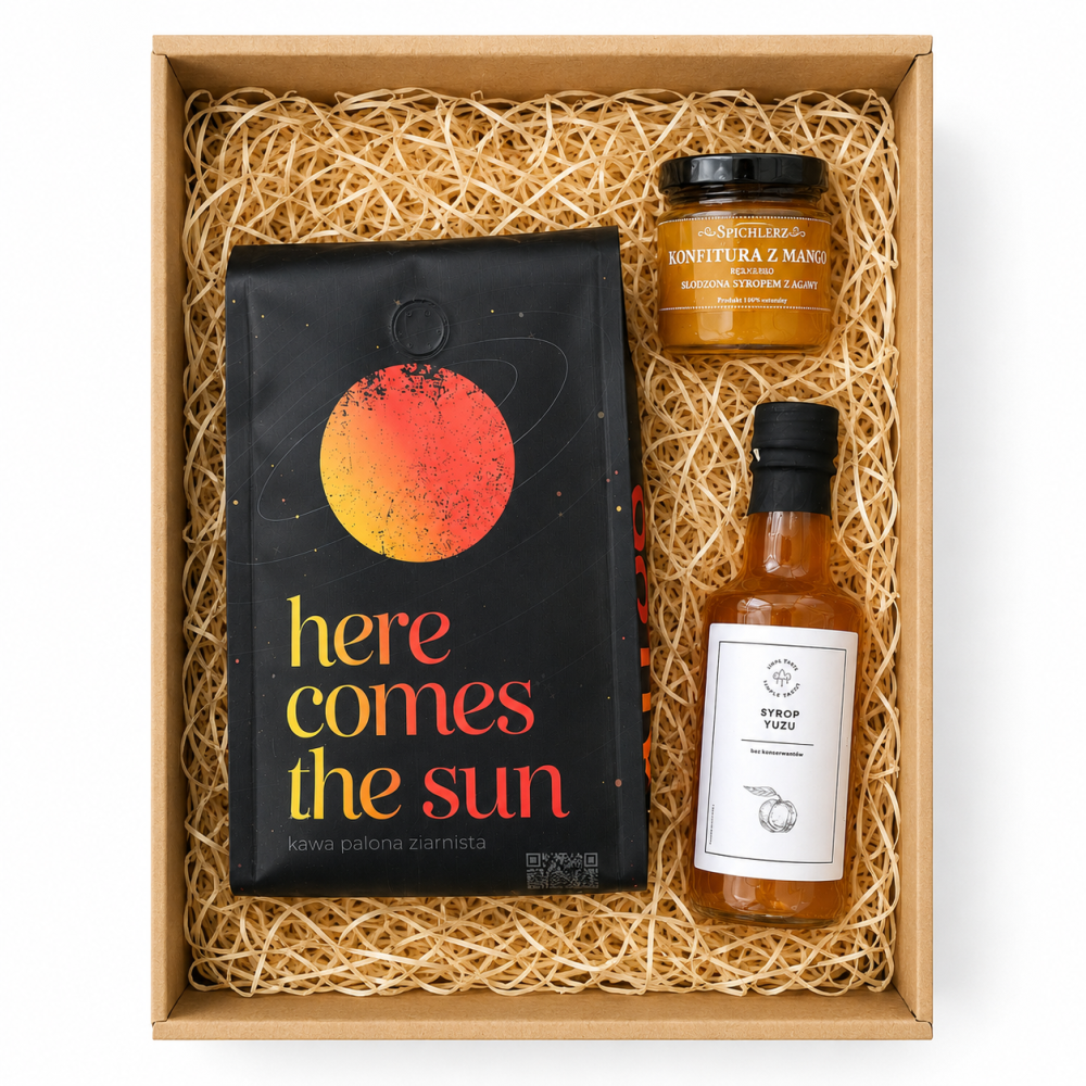 Elegancki zestaw prezentowy z kawą ziarnistą „Here Comes the Sun”, konfiturą z mango i syropem yuzu to wyjątkowa propozycja dla miłośników aromatycznych smaków i estetycznych upominków.